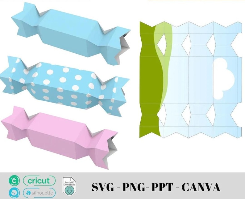 Peut inclure: Trois bo&icirc;tes en papier en forme de bonbons, bleues, bleu &agrave; pois et roses. Les bo&icirc;tes ont un design g&eacute;om&eacute;trique avec des bords pli&eacute;s. Un mod&egrave;le plat et d&eacute;pli&eacute; pour une bo&icirc;te &agrave; bonbons est &eacute;galement montr&eacute;. Le texte "SVG - PNG - PPT - CANVA" est inclus.