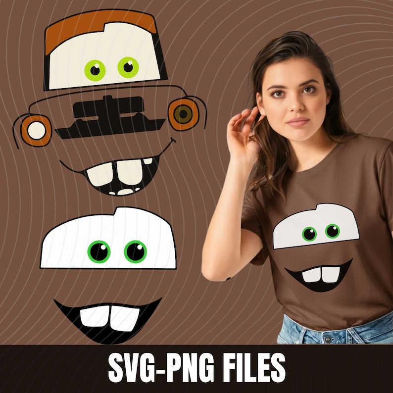 May include: Brown t-shirt featuring a cartoon car face with a white top, green eyes, and a smiling mouth. The image also shows SVG-PNG files of the car face. The background is a brown color with curved lines.