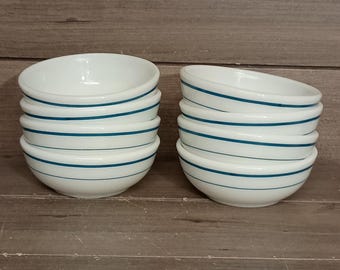 Vintage Pyrex 705 Set of 8 Milk Glass Bowls with Blue Stripes Tableware by Corning
