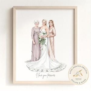 Puede incluir: Una pintura de acuarela enmarcada de tres mujeres. Una novia con un vestido blanco y un ramo se encuentra entre dos mujeres con vestidos formales. El texto "I love you forever" está escrito debajo. Un logotipo circular dice "Hand-Painted Original" y "Willow & Wash."