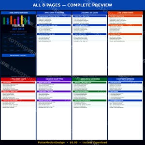 May include: A multi-page guide with the title "ALL 8 PAGES - COMPLETE PREVIEW". The guide covers Excel charts and graphs, including column, bar, line, trend, pie, donut, and advanced chart types. The guide also includes a chart quick reference.