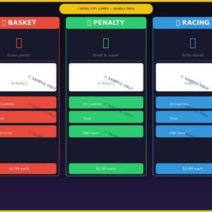 Peut inclure: Graphique numérique promotionnant un pack de trois jeux : Basket, Penalty et Racing. Chaque jeu a un code couleur différent et affiche un score, un chronomètre et un score élevé. Le pack est présenté comme une offre économique.