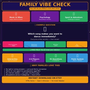 May include: Digital family game titled "Family Vibe Check" with colorful rectangular sections. Categories include Music & Vibes, Psychology, and Sport & Adventure. The game features an example question and highlights why families love it, with an instant download option.