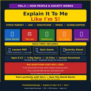 Peut inclure: Graphique éducatif numérique "Explain It To Me Like I'm 5!" Vol. 2, traitant de sujets tels que la bourse, le droit et la santé. Comprend des PDF de leçons, des jeux-questionnaires et des feuilles d'activités pour les 6-12 ans. Avec des questions comme "La santé devrait-elle être gratuite ?"