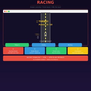 Peut inclure: Interface de jeu de géographie numérique avec le titre "Capital City Racing". Le jeu présente une piste de course, un indicateur "Turbo" et des questions à choix multiples. L'interface est sur fond bleu foncé.