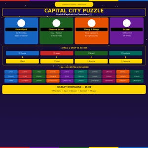 首都パズルゲーム | 国の首都を一致させる | インタラクティブ HTML | 子供と教室 | 今すぐダウンロード