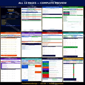 May include: A complete cost accounting pack with 12 pages of templates. The pages include product cost sheets, cost of goods manufactured, break-even analysis, overhead allocation sheets, job cost cards, and variance analysis reports. The pack is available for instant download.