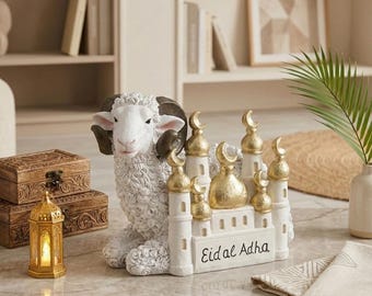 Eid Al Adha Sheep & Mosque Figurine | Resin Ram Decoration | Islamic Home Decor