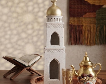 Elegante Moschee-Minarett-Statue, 31 cm hoch, neutrale Steinoptik, Halbmondspitze, Dekoration zum Eid-Fest, Tischdekoration für den Eingangsbereich