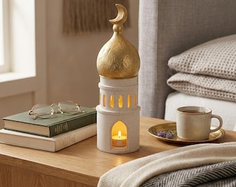 Ramadan Mosque Lantern 30cm | Gold Dome Crescent Moon Ceramic Candle Holder | Eid Mubarak Decoration | Islamic Gift