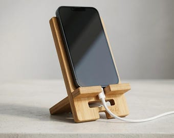 Natural Bamboo Phone Stand for Desk and Bedside, adjustable viewing angles, cable notch, foldable, eco friendly gift