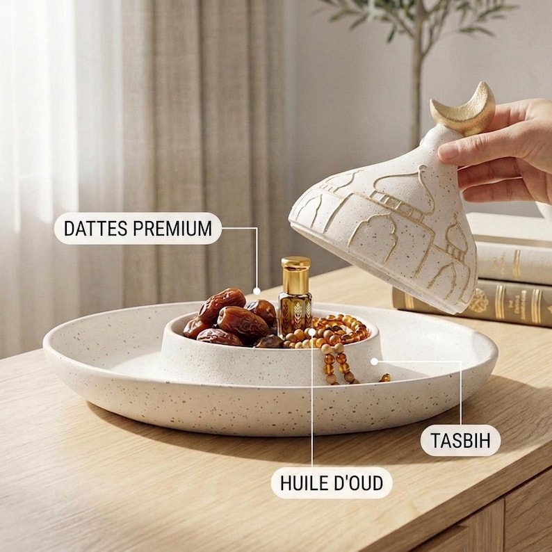 May include: A speckled ceramic serving dish with a central raised section. The dish holds dates, a small perfume bottle, and a beaded tasbih. The lid, held open, is decorated with mosque-like architectural details and a gold crescent moon.