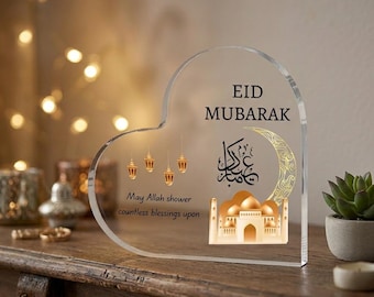 Eid Mubarak Herz-Acrylplakette, islamische Heimdekoration, Ramadan-Geschenk, muslimisches Andenken, arabische Kalligrafie, Moschee-Halbmond-Golddekoration