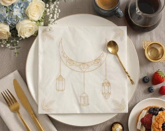 Goldene Halbmond-Laternen-Papierservietten, 20er-Set, 16,5 cm x 16,5 cm, 3-lagig, elegante Tischdekoration in Weiß und Gold