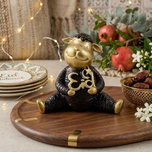 Peut inclure: Figurine décorative en forme de mouton noir et doré tenant une clé "Eid" dorée. Posée sur un plateau en bois avec des détails dorés, entourée de grenades, de dattes et de petites assiettes avec le texte "Eid Mubarak".