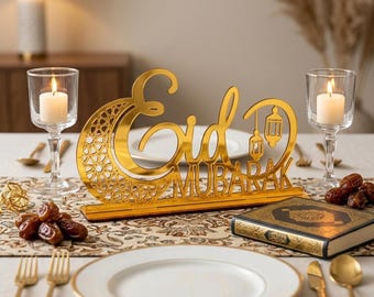 Goldene Tischdekoration „Eid Mubarak“, Acrylschild, freistehender Holzsockel, Ramadan-Eid-Partytisch, 28 cm Durchmesser, 18 cm hoch
