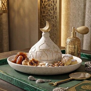 May include: A white serving dish with a mosque-shaped lid and a gold crescent moon finial. The dish holds dates, figs, nuts, and biscuits. A gold perfume bottle with the text "Rameelan Niche Perfume" is also visible.