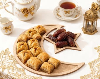 Charcuterie-Brett aus Halbmond- und Sternholz, Servierplatte für Snacks, Desserttablett, Vorspeisenbrett, Tischdekoration für Eid und Ramadan