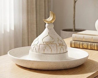 Halbmondförmiges Ramadan-Dekor-Mittelstück, Geschirrset mit Moscheemotiv, Kerzentablett, Tischdekoration für Eid, islamischer Wohnschmuck, neutrales Weißgold