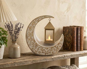 Halbmondlaterne als islamische Tischdekoration, Ramadan-Mittelstück, gold-weißes Harz, Votivkerzenhalter, Wohnaccessoire für Eid Mubarak