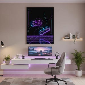 May include: A rectangular wall art print featuring two neon-style video game controllers in blue and purple hues against a black background with a glowing grid floor, displayed in a black frame above a white floating desk and computer monitor.