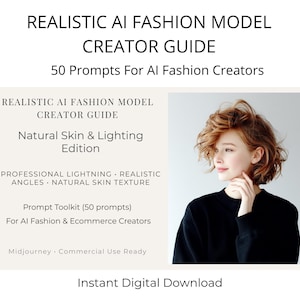 以下が含まれることがあります： 「REALISTIC AI FASHION MODEL CREATOR GUIDE」と「50 Prompts For AI Fashion Creators」のテキストが入ったデジタルダウンロードグラフィック。赤い髪と黒いトップスを着た女性の写真が含まれています。このガイドは、AIファッションとeコマースのクリエイター向けです。
