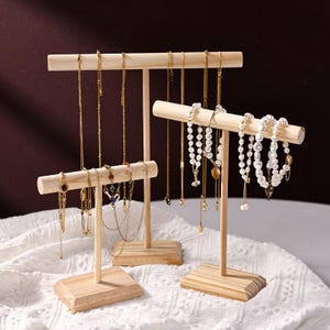 Wooden T-Bar Jewelry Display Stand, Necklace Bracelet Holder, Tiered Organizer, Retail Shop Rack