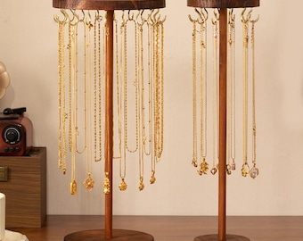 Walnut Wood Necklace Organizer Stand Vertical Jewelry Holder Display for Bracelets Rings