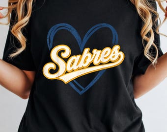 Sabres Heart PNG, Retro Hockey Mascot Script Sublimation, Sports Love Shirt Design, Buffalo Fan (Digital Download)
