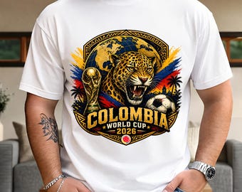 Colombia World Soccer 2026 PNG, design per tifosi di calcio giaguaro, stampa a sublimazione con orgoglio colombiano, grafica per maglietta per amanti del calcio (download digitale)