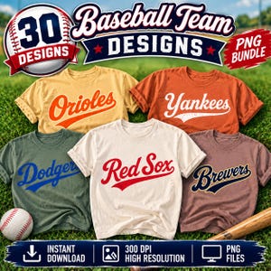 Op de afbeelding: Een digitaal grafisch pakket met 30 Baseball Team Designs inclusief tekst. Vijf t-shirts worden getoond in geel, oranje, olijfgroen, crème en mauve, elk bedrukt met teamnamen zoals Orioles, Yankees, Dodgers, Red Sox en Brewers.