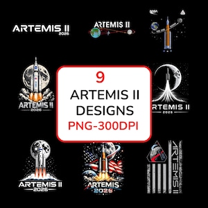 May include: Nine Artemis II designs are displayed on a black background. The designs include rockets, planets, and the text "ARTEMIS II 2026". The designs are in various colors, including orange, blue, and white.