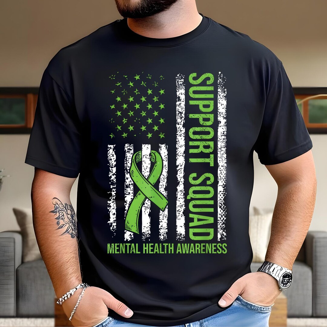 Mental Health Awareness PNG, Support Squad Green Ribbon USA Flag, Shirt ...
