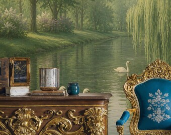 Pastoral River Swans Peel and Stick Wallpaper: Elegant Nature Scenic Wallpaper Mural