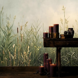 Wallpaper Mural Meadow Scene: Botanical Rustic Greenery Design, Peel & Stick