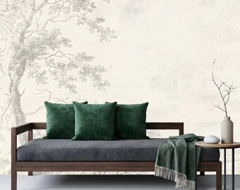 Vintage Tree Landscape Wallpaper Mural: Natural Peel and Stick