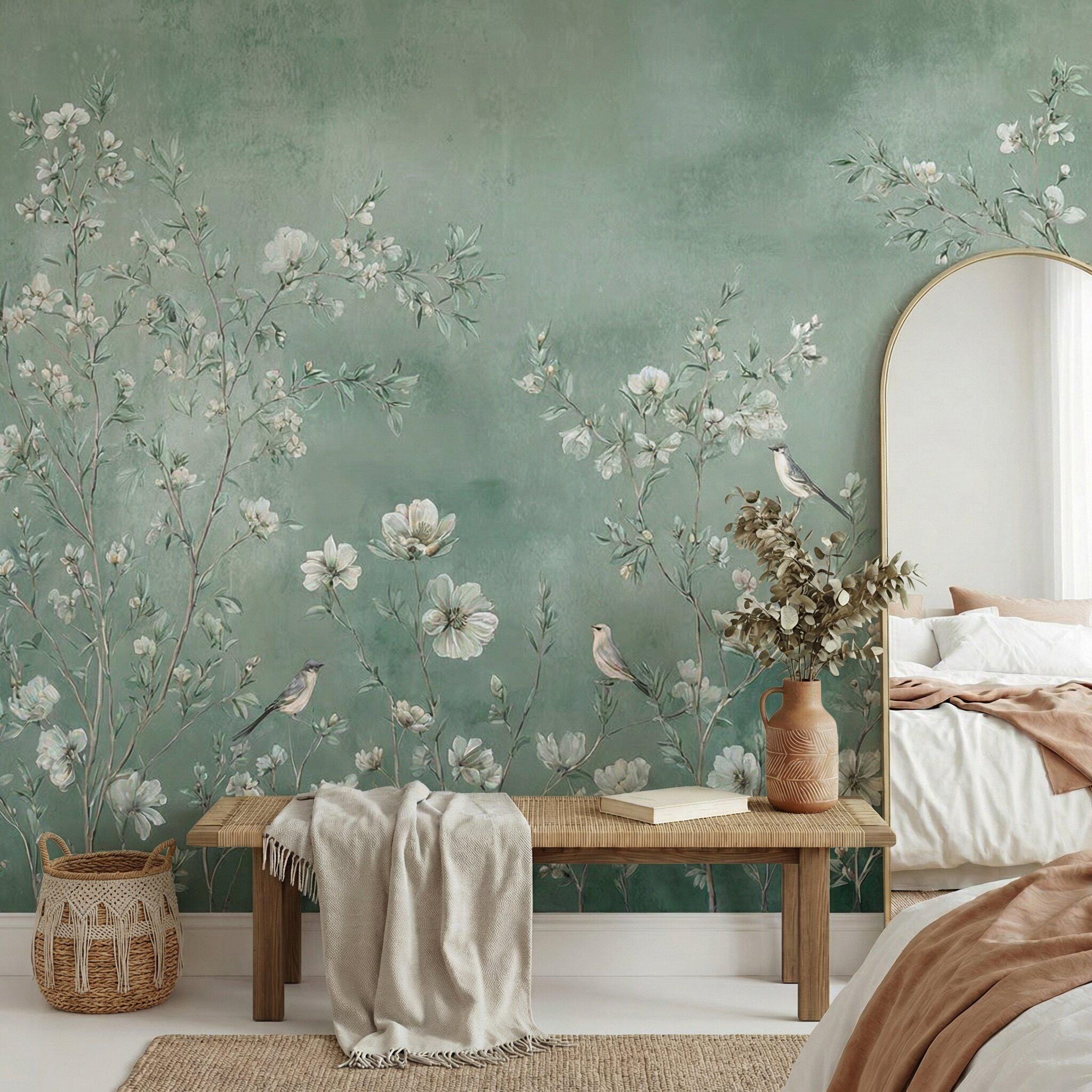 Green Floral Bird Wallpaper: Vintage Chinoiserie Wall Mural, Peel and ...