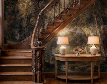 Papel pintado autoadhesivo con paisaje de bosque vintage: mural de papel pintado con pintura al óleo antigua.