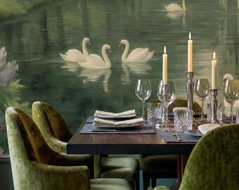 Swan Lake Landscape Wallpaper: Vintage Art, Nature Mural Wall Mural, Peel and Stick