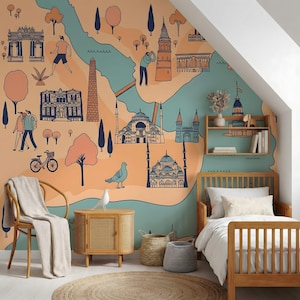 May include: A bedroom with a mural of a city map in orange, teal, and navy blue. The room features a wooden bed, a woven chair, a small cabinet, and a round rug. Decorative elements include a bird figurine, books, and baskets.