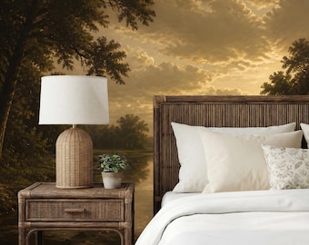Golden Sunset Lake Wall Mural: Peel and Stick Wallpaper
