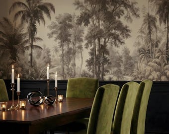 Papel pintado vintage con paisaje tropical: mural de pared con palmeras en tonos sepia, autoadhesivo.