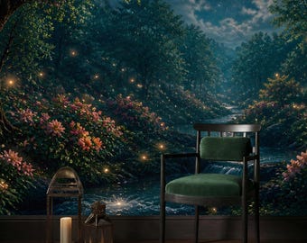 Enchanted Forest Night Wall Mural: Peel and Stick Wallpaper