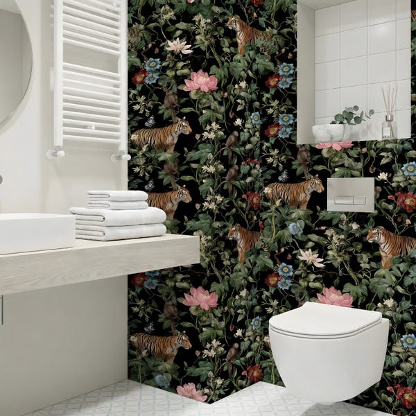 Jungle Tiger Floral Wallpaper, Self Adhesive Repositionable Peel And Stick Canvas, Removable Non Woven, Durable Textured Wall Decor