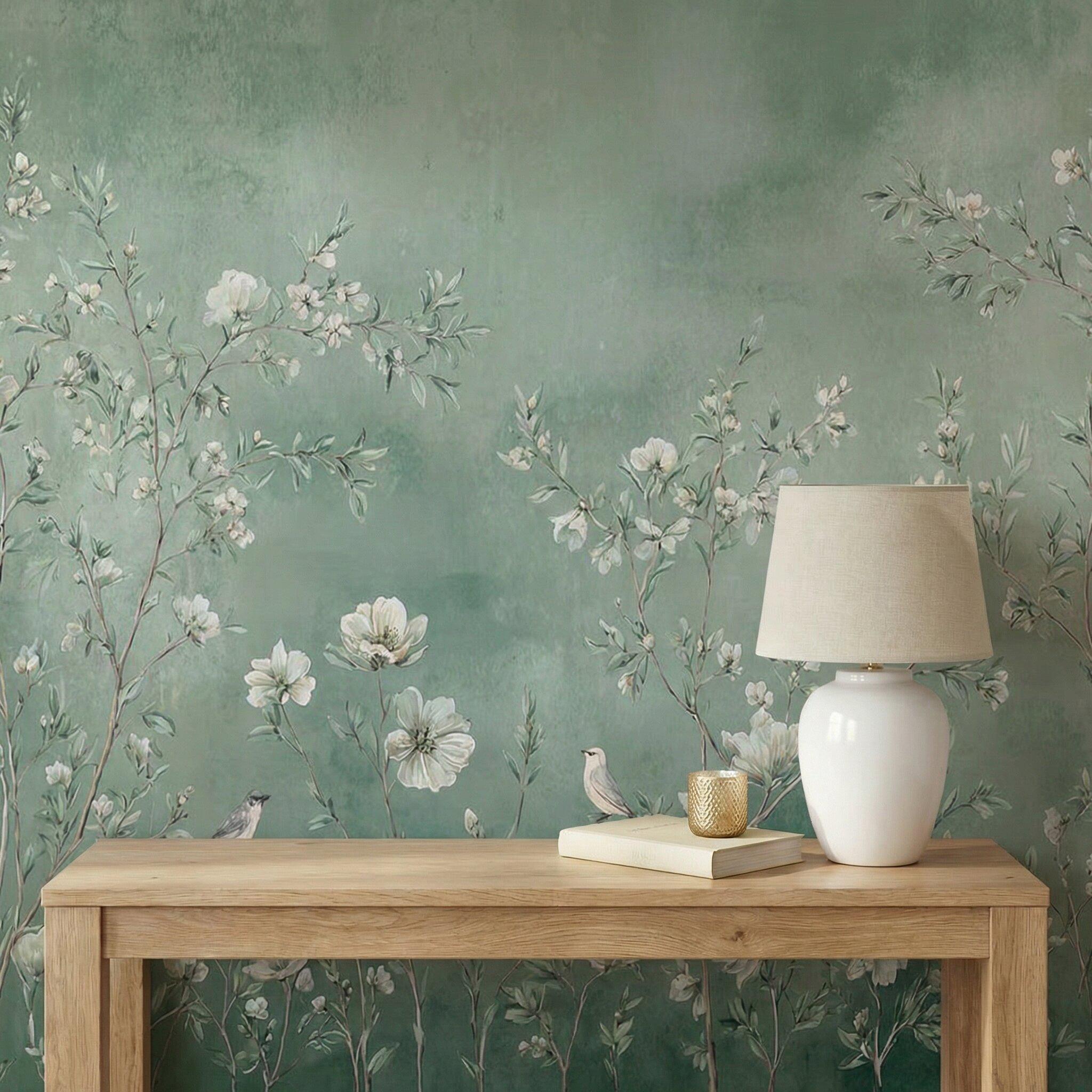 Green Floral Bird Wallpaper: Vintage Chinoiserie Wall Mural, Peel and ...