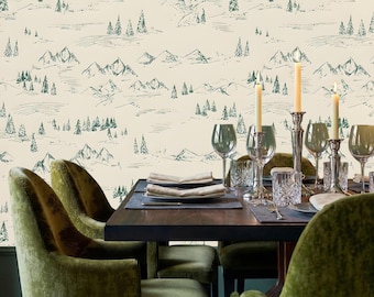 Mountain Forest Sketch Wallpaper Mural: Rustic Nature Decor, Peel and Stick