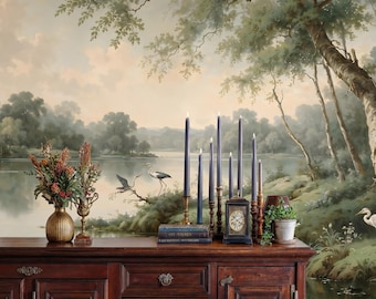 Classical Lake Landscape Peel and Stick Wallpaper: Vintage Art Wall Mural
