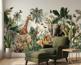 Vintage Safari Jungle Peel and Stick Wallpaper: Nursery Animal Wallpaper Mural