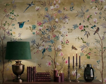 Vintage Chinoiserie Bird Wallpaper: Floral Botanical Wall Mural, Peel and Stick