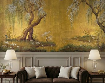 Gold Chinoiserie Tree Wallpaper: Elegant Vintage Wall Mural, Peel and Stick